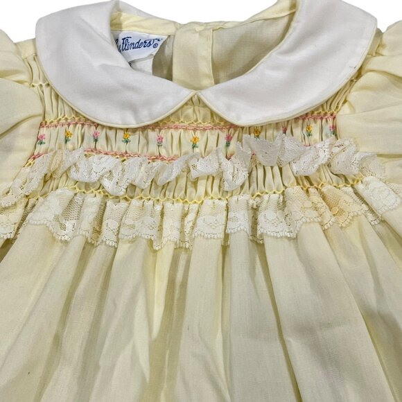 Polly Flinders Vintage Baby Dress Yellow White Lace Trim & Smocking 6-12 Months - Picture 2 of 8